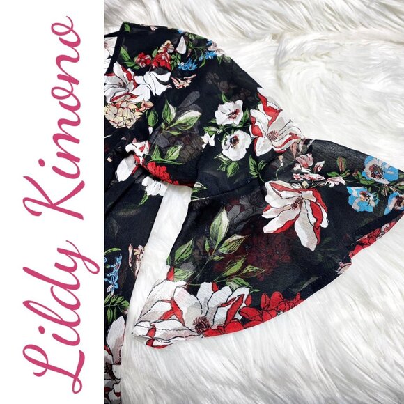 LILDY DARK FLORAL OPEN TIE FRONT KIMONO DUSTER SEMI-SHEER FLUTTER SLEEVE, MEDIUM - Picture 5 of 9
